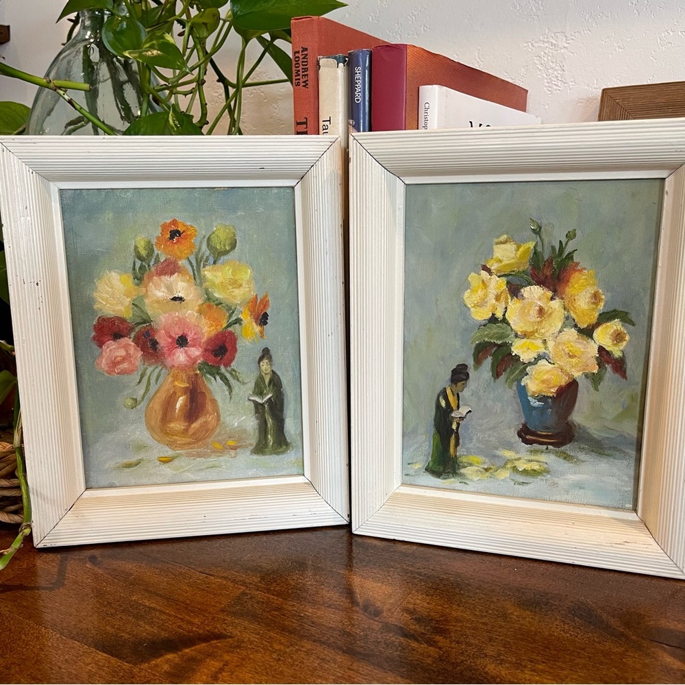 Beautiful Vintage Signed Floral Still Life Paintings in White Frames